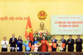 Phó Chủ tịch Quốc hội Nguyễn Thị Thanh và lãnh đạo các đơn vị chúc mừng các cá nhân được bổ nhiệm. (Ảnh: Tuấn Anh/TTXVN)