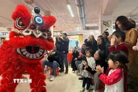Trẻ em thích thú với tiết mục múa lân tại Chợ Xuân Bính Ngọ 2026. (Ảnh: Hữu Chiến/TTXVN)