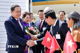 Cán bộ, nhân viên Đại sứ quán và cộng đồng người Việt Nam đón Chủ tịch Quốc hội Trần Thanh Mẫn và Phu nhân tại sân bay quốc tế Geneva. (Ảnh: Doãn Tấn/TTXVN)