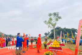 Trung tâm Bảo tồn di sản Thành nhà Hồ thực hiện các nghi lễ tái hiện lễ thượng nêu ngày Tết. (Ảnh: Hoa Mai/TTXVN)