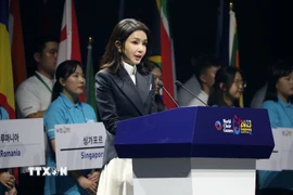 Bà Kim Keon Hee phát biểu tại một sự kiện ở Gangneung, Hàn Quốc, ngày 3/7/2023. (Ảnh: Yonhap/TTXVN)