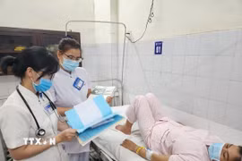 Bác sỹ, điều dưỡng Khoa Bệnh nhiệt đới, Bệnh viện Trung ương Huế kiểm tra, theo dõi sức khỏe bệnh nhân mắc liên cầu lợn. (Ảnh: Mai Trang/TTXVN)