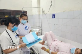 Bác sỹ, điều dưỡng Khoa Bệnh nhiệt đới, Bệnh viện Trung ương Huế kiểm tra, theo dõi sức khỏe bệnh nhân mắc liên cầu lợn. (Ảnh: Mai Trang/TTXVN)