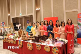 Các thành viên Hội Phụ nữ Đại sứ quán Việt Nam tại Nhật Bản tại gian hàng Việt Nam. (Ảnh: Phạm Tuân/TTXVN)