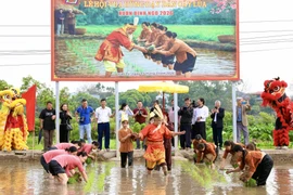 Tái hiện hình ảnh Vua Hùng ra đồng dạy nhân dân cấy lúa. (Ảnh: Tạ Toàn/TTXVN)