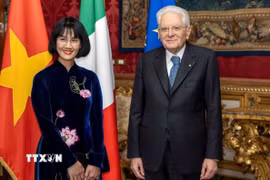 Đại sứ Việt Nam tại Cộng hòa Italy Nguyễn Phương Anh trình Quốc thư lên Tổng thống Italy Sergio Mattarella. (Ảnh: Đại sứ quán Việt Nam tại Italy cung cấp)