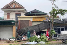 Mái tôn của nhiều hộ dân tại xã Nghi Xuân bị bão làm đổ sập. (Ảnh: Hữu Quyết/TTXVN)