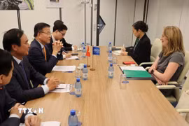 Phó Thủ tướng Lê Thành Long làm việc với Tổng Giám đốc Tổ chức Di cư Quốc tế (IOM) Amy Pope. (Ảnh: Anh Hiển/TTXVN)