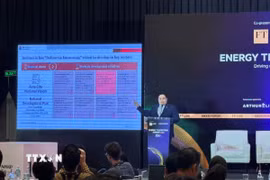 Diễn giả Pandu Sjahrir CEO Danantara (Indonesia) trình bày những mục tiêu năng lượng trong tầm nhìn “Indonesia vàng 2045”. (Ảnh: Đỗ Quyên/TTXVN)