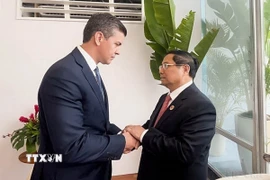 Nhân chuyến tham dự Hội nghị thượng đỉnh G20 tại Rio de Janeiro (Brazil), chiều 19/11/2024, Thủ tướng Phạm Minh Chính gặp Tổng thống Paraguay Santiago Pena. (Ảnh: Dương Giang/TTXVN)