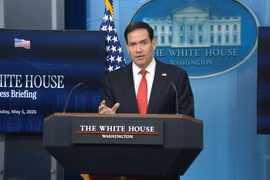Ngoại trưởng Mỹ Marco Rubio phát biểu tại cuộc họp báo ở Nhà Trắng, Washington, D.C. (Ảnh: THX/TTXVN phát)