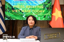 Đại sứ Việt Nam tại Hy Lạp Phạm Thị Thu Hương phát biểu tại cuộc gặp gỡ báo chí. (Ảnh do Đại sứ quán Việt Nam tại Hy Lạp cung cấp)