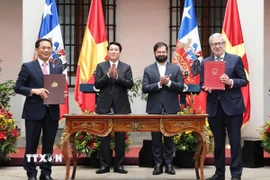 Chủ tịch nước Lương Cường và Tổng thống Chile Gabriel Boric Font chứng kiến lễ ký Tuyên bố chung Việt Nam - Chile giữa hai Bộ trưởng Ngoại giao. (Ảnh: Lâm Khánh/TTXVN)