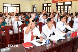 Các đại biểu biểu quyết thông qua dự thảo Nghị quyết Đại hội. (Ảnh: TTXVN phát)