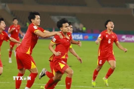 Minh Phúc số 21 ghi bàn ấn định tỷ số 3-2 cho U23 Việt Nam. (Ảnh: Nguồn AFC/TTXVN phát)
