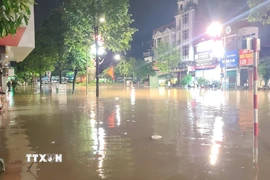 Thành phố Thái Nguyên ngập sâu do mưa lớn khiến phương tiện không thể lưu thông, tháng 6/2025. (Ảnh: Trần Trang/TTXVN)