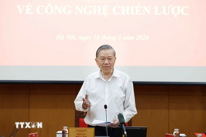 Tổng Bí thư Tô Lâm, Trưởng Ban Chỉ đạo Trung ương về phát triển khoa học, công nghệ, đổi mới sáng tạo và chuyển đổi số phát biểu. (Ảnh: Thống Nhất/TTXVN)