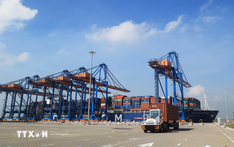 Xe chở container hoạt động trên cảng quốc tế Gemalink thuộc hệ thống Cảng biển Cái Mép, phường Tân Phước, Thành phố Hồ Chí Minh. (Ảnh: Hồng Đạt/TTXVN)
