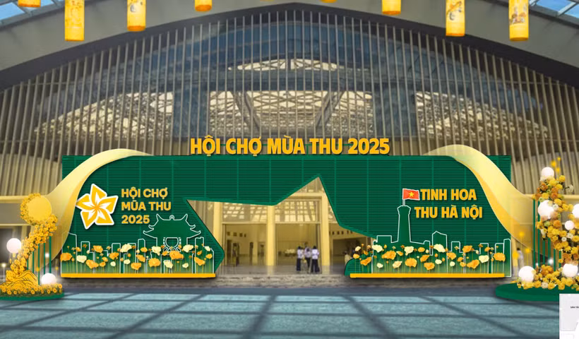 Cổng vào Hội chợ Mùa Thu 2025 được thiết kế theo hình ảnh đặc trưng của Hà Nội. (Ảnh: Ban tổ chức Hội chợ Mùa Thu 2025)