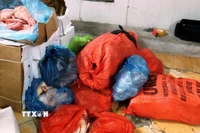 Số thực phẩm đông lạnh không có hóa đơn, chứng từ chứng minh nguồn gốc, xuất xứ. (Ảnh: Hải Yến/TTXVN)