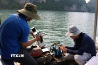 Nhóm nghiên cứu lấy mẫu nước biển tại Vịnh Hạ Long và Cửa Lục. (Ảnh: Diệu Thúy/TTXVN)