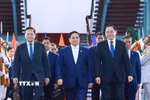 Thủ tướng ba nước Việt Nam-Lào-Campuchia họp triển khai Kết luận Cuộc gặp giữa ba Người đứng đầu ba Đảng. (Ảnh: Dương Giang/TTXVN)