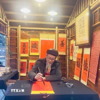 Ông đồ cho chữ tại Hội chữ Xuân Bính Ngọ 2026 trong không gian Hồ Văn, di tích quốc gia đặc biệt Văn Miếu-Quốc Tử Giám. (Ảnh: Tuyết Mai/TTXVN)