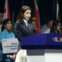 Bà Kim Keon Hee phát biểu tại một sự kiện ở Gangneung, Hàn Quốc, ngày 3/7/2023. (Ảnh: Yonhap/TTXVN)