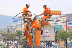 Công nhân Tổng Công ty Điện lực Miền Trung kiểm tra, sửa chữa hệ thống điện đảm bảo vận hành an toàn và đáp ứng điện cho khách hàng. (Ảnh: TTXVN phát)
