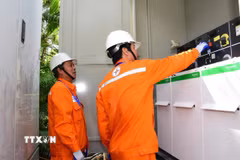Công nhân EVNHANOI kiểm tra hệ thống điện. (Ảnh: Quốc Lũy/TTXVN)