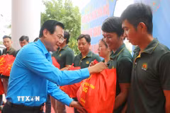 Liên đoàn Lao động tỉnh An Giang tặng quà cho đoàn viên, người lao động có hoàn cảnh khó khăn trên địa bàn tỉnh. (Ảnh: Công Mạo/TTXVN)