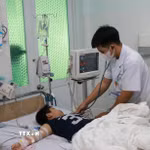 Trường hợp mắc sốt xuất huyết trong tình trạng nặng được bác sỹ Bệnh viện Bệnh Nhiệt đới tỉnh Khánh Hòa chăm sóc, điều trị tại. (Ảnh: Phan Sáu/TTXVN)