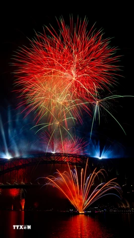 Pháo hoa rực rỡ chào đón năm mới 2026 tại Cầu Cảng Sydney, Australia. (Ảnh: THX/TTXVN)