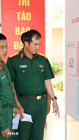 Các chiến sỹ xem kỹ danh sách người ứng cử. (Ảnh: Công Thử/TTXVN)