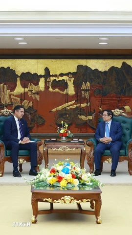 Thủ tướng Phạm Minh Chính tiếp ông Johan Ndisi, Đại sứ Vương quốc Thụy Điển tại Việt Nam và ông Dennis Nobelius (hàng đầu bên trái), Tổng Giám đốc Tập đoàn Syre (Thụy Điển). (Ảnh: Dương Giang/TTXVN)