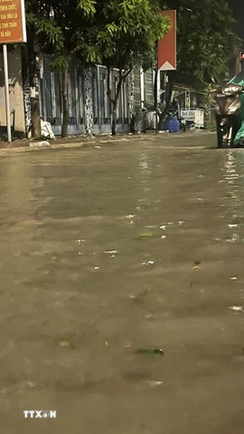 Sóng biển triều cường dâng cao gây ngập cục bộ trung tâm phường Sa Huỳnh, tỉnh Quảng Ngãi. (Ảnh: Phạm Cường/TTXVN)