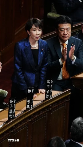 Thủ tướng Nhật Bản Takaichi Sanae tại phiên họp Quốc hội ở Tokyo ngày 18/2/2026. (Ảnh: THX/TTXVN)