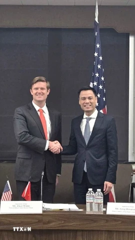 Thứ trưởng Bộ Ngoại giao Đặng Hoàng Giang và Quyền Trợ lý Ngoại trưởng Mỹ Fleet White. (Ảnh: TTXVN phát)