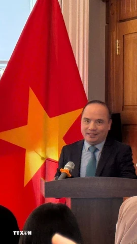 Ông Lê Đình Bá, Tham tán Thương mại, Thương vụ Việt Nam tại Anh (kiêm nhiệm Ireland) phát biểu tại diễn đàn. (Ảnh: TTXVN phát)