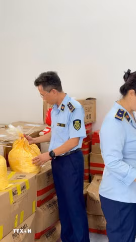 Hàng chục thùng mỹ phẩm, nguyên liệu và máy móc sản xuất bị lực lượng chức năng niêm phong, lập biên bản để phục vụ công tác điều tra, xử lý. (Ảnh: Quang Thái/TTXVN)
