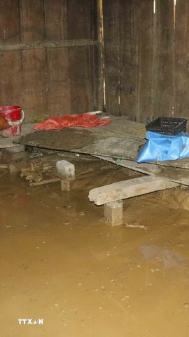 Nhiều nhà dân ở Điện Biên ngập trong nước và bùn đất (ảnh chụp lúc 7g25 ngày 2/8). (Ảnh: Xuân Tư/TTXVN)