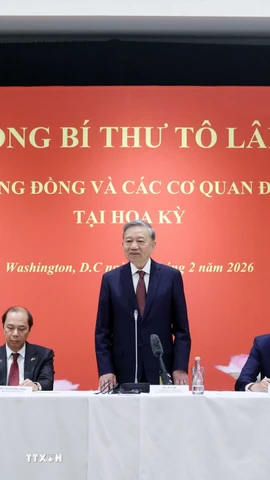 Tổng Bí thư Tô Lâm phát biểu tại buổi gặp gỡ. (Ảnh: Thống Nhất/TTXVN)