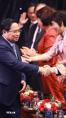 Thủ tướng Phạm Minh Chính đến dự Lễ trao Giải thưởng toàn quốc về Thông tin Đối ngoại lần thứ XI. (Ảnh: Dương Giang/TTXVN)