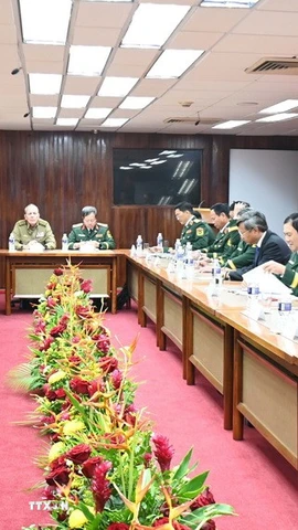 Quang cảnh buổi hội đàm giữa Đại tướng Nguyễn Tân Cương với Thượng tướng Álvaro López Miera, Ủy viên Bộ Chính trị Đảng Cộng sản Cuba, Bộ trưởng Bộ các Lực lượng vũ trang cách mạng Cuba. (Ảnh: Việt Hùng/TTXVN)