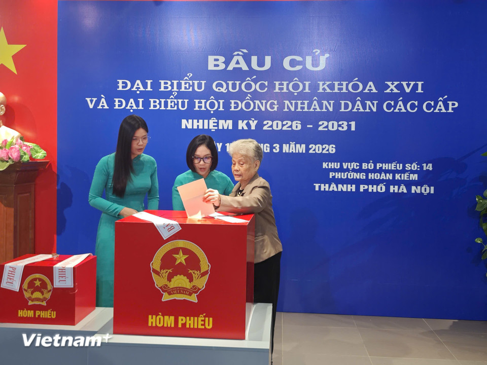 Bà Trần Thị Yến (88 tuổi) cư trú tại Nguyễn Hữu Huân, Hoàn Kiếm - đã một mình đến khu vực bỏ phiếu số 13 trên phố Hàng Buồm để gửi gắm niềm tin vào từng lá phiếu, kỳ vọng những đại biểu dân cử sẽ đại diện cho ý chí, nguyện vọng của các tầng lớp nhân dân. (Ảnh: Minh Thuý/Vietnam+)