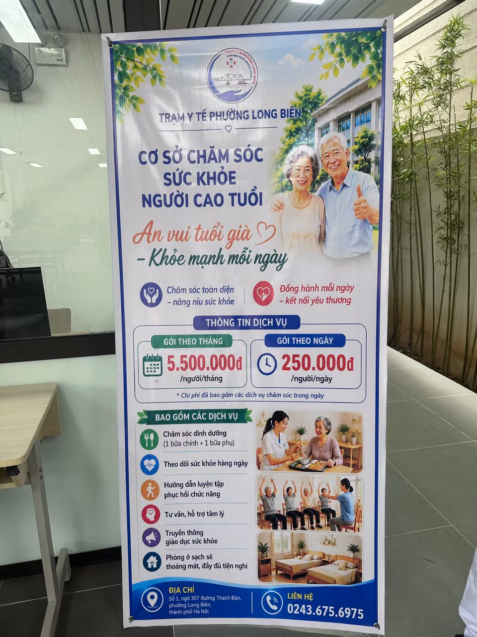 Các dịch vụ được giới thiệu triển khai tại Cơ sở chăm sóc sức khỏe ban ngày cho người cao tuổi phường Long Biên. (Ảnh: Thùy Giang/Vietnam+)