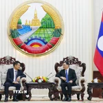 Thủ tướng Chính phủ Lào Sonexay Siphandone (phải) tiếp Viện trưởng Viện Kiểm sát Nhân dân tối cao Việt Nam Nguyễn Huy Tiến đến chào xã giao. (Ảnh: Xuân Tú/TTXVN)