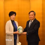 Chủ tịch Ủy ban Nhân dân thành phố Hà Nội Vũ Đại Thắng tặng quà lưu niệm cho Thống đốc Tokyo, bà Koike Yuriko. (Ảnh: Nguyễn Tuyến/TTXVN)