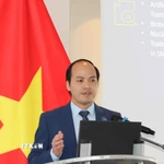 Ông Phùng Quốc Trí phát biểu tại hội thảo “Hợp tác khoa học-công nghệ-thương mại Việt Nam-Liên minh châu Âu.” (Ảnh: Hương Giang/TTXVN)