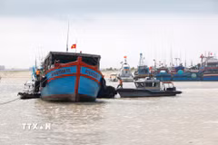 Tàu cá ra vào tại cảng cá La Gi. (Ảnh: Nguyễn Thanh/TTXVN)